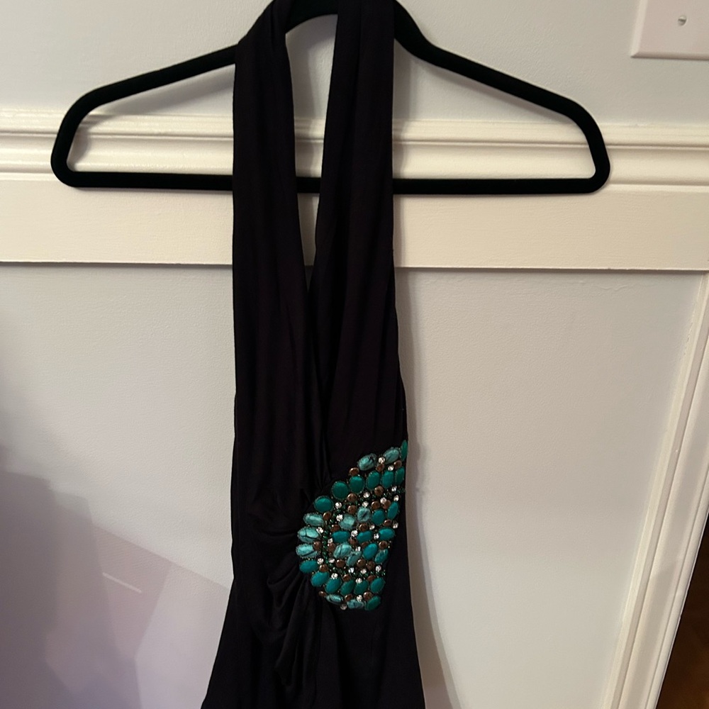 Black Halter Dress with Turquoise Embellishment